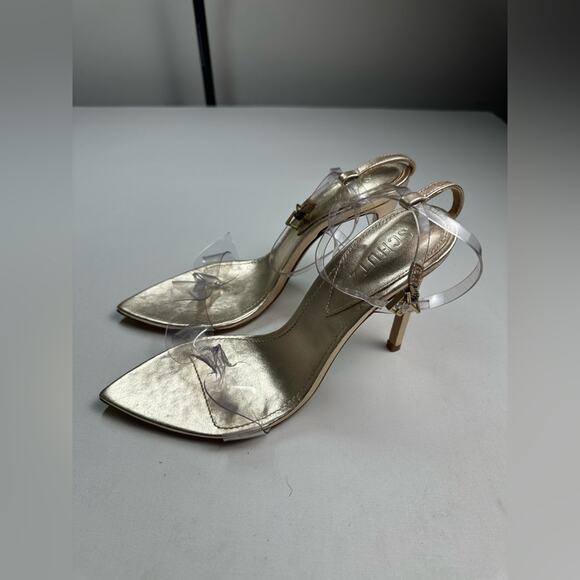 SCHUTZ Clear Bow Strappy Heels Gold Size 8.5 NWOB - Picture 2 of 9